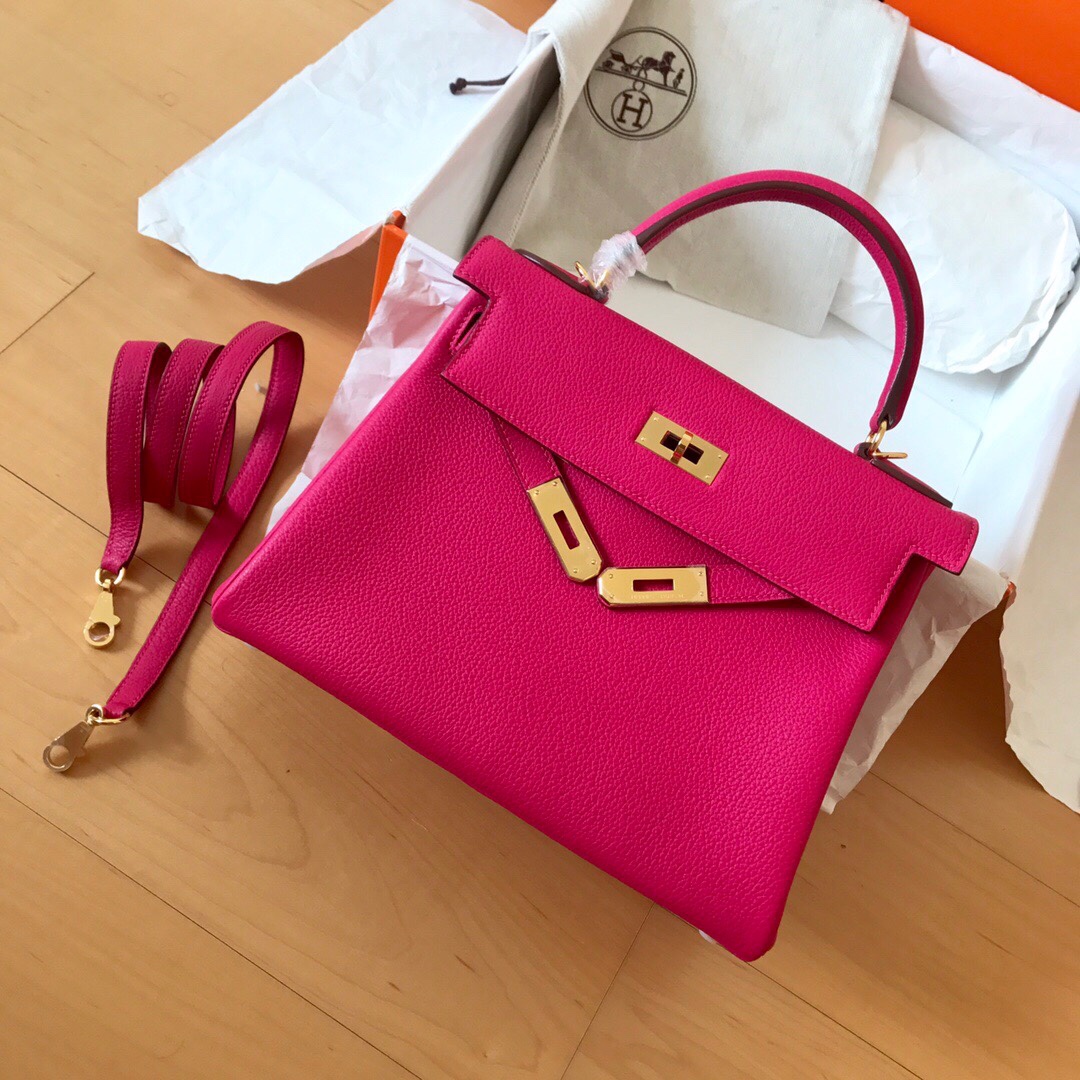 Hermes Kelly 25cm Handbag Shoulder Bag in Rose Red Togo Leather